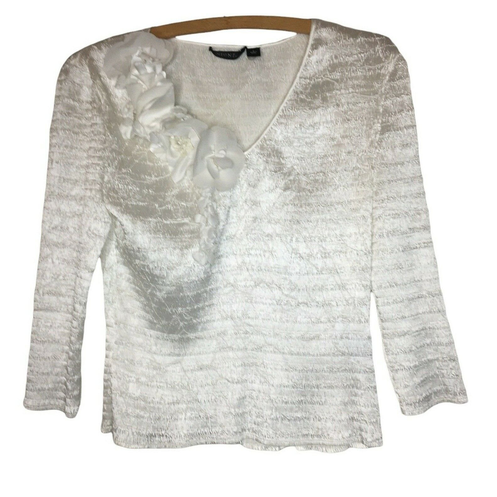 Sioni Womens Top Blouse White S Plisse Pleats Pucker Crinkled Textured Accordion